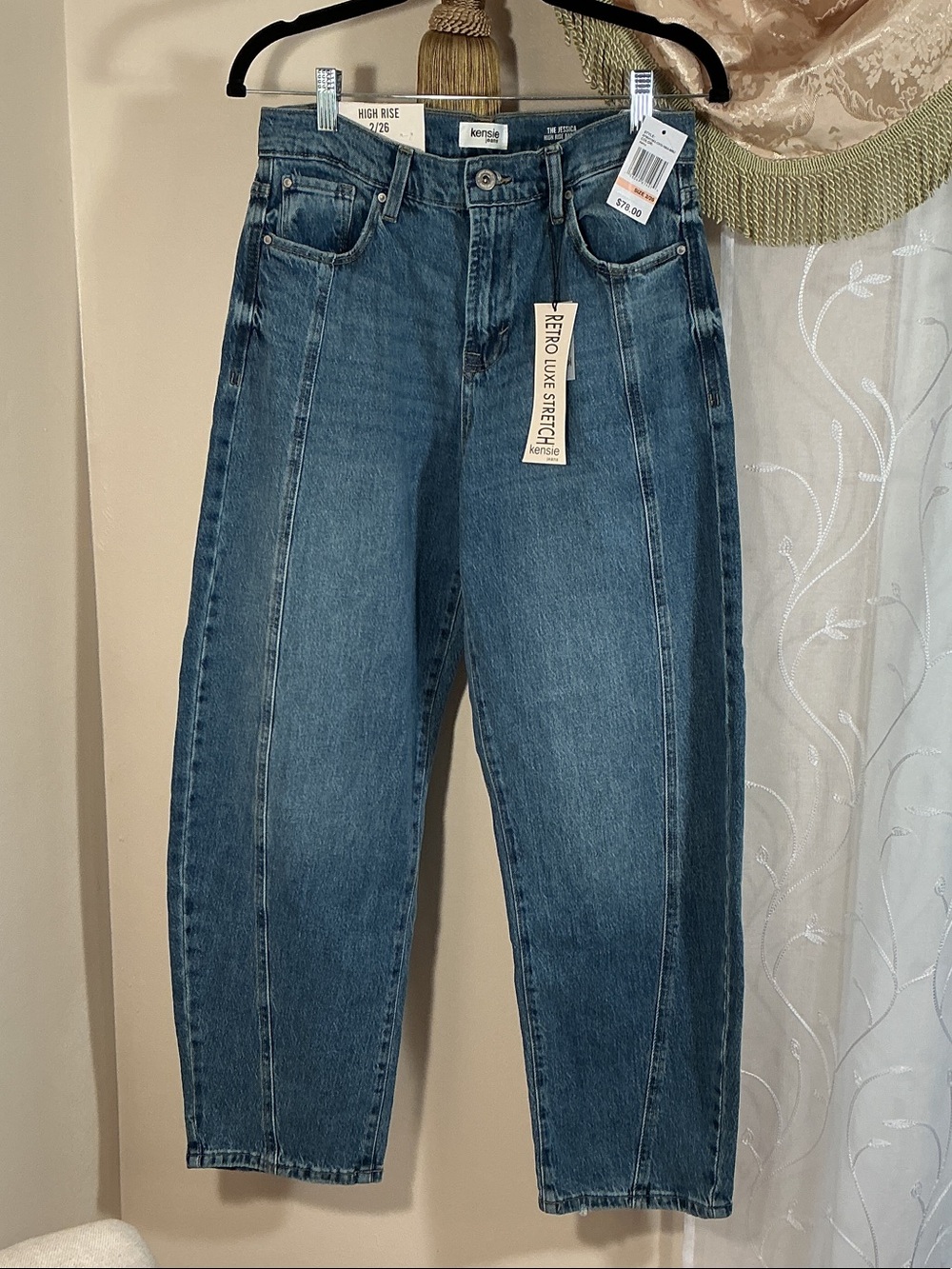 NWT Kensie The Jessica High Rise Cropped Barrel Leg Jeans Blue Stretch Sz 2/26